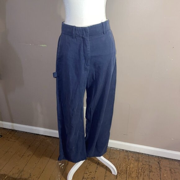 Zara Womens WBlue Canvas Pants Tuxedo Side Stripe Wide Carpenter Loop Leg Sz S - Picture 1 of 11